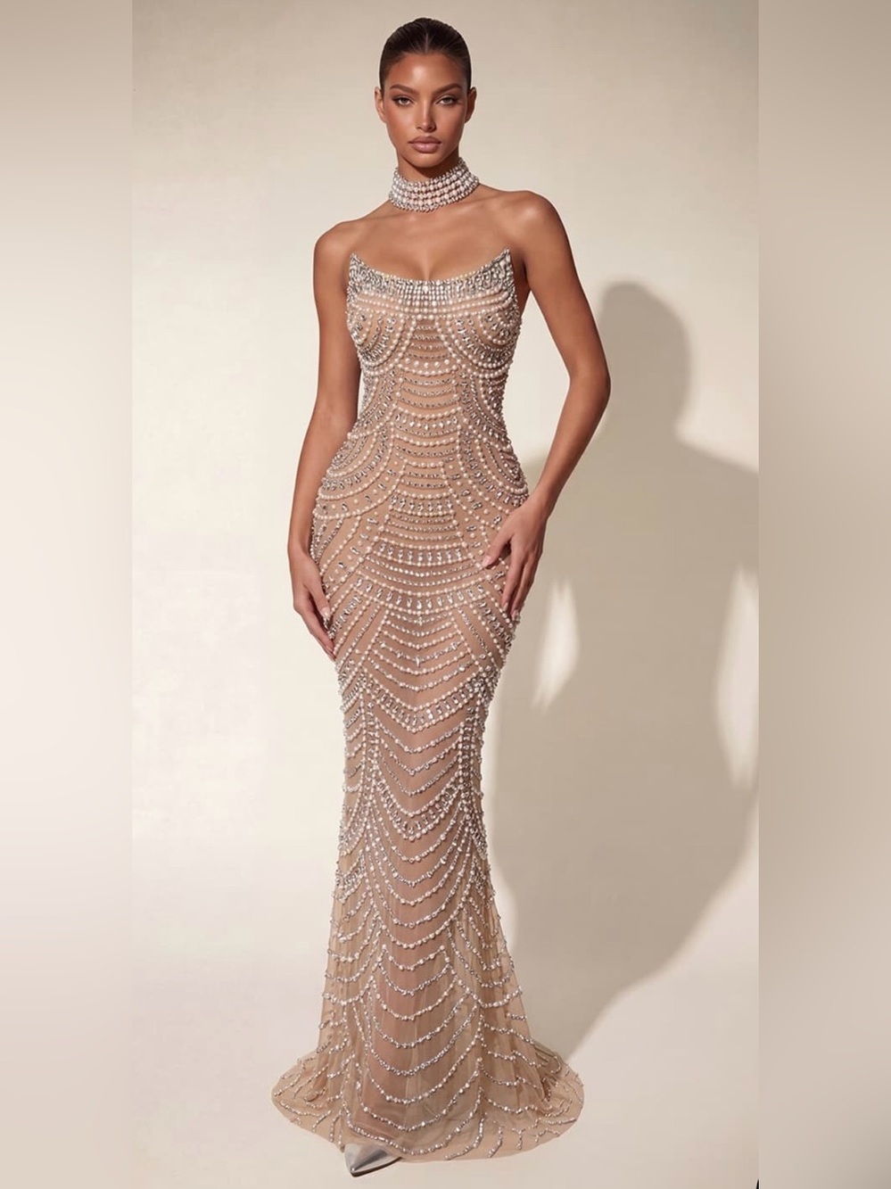 Elegant Nude Crystal-Embellished Evening Gown